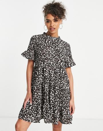 Jdy Alba Short Sleeve Smock Mini Dress In Leopard Print-brown