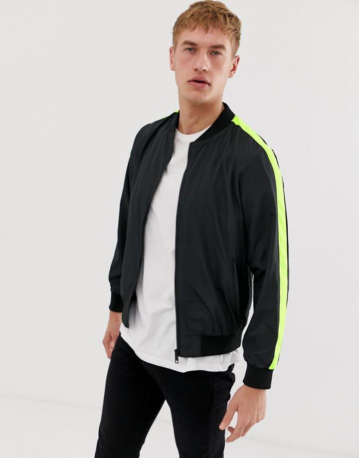 Brave Soul Neon Stripe Bomber Jacket - Black