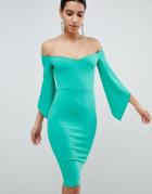 Club L Bardot Pencil Dress With 3/4 Sleeve - Green