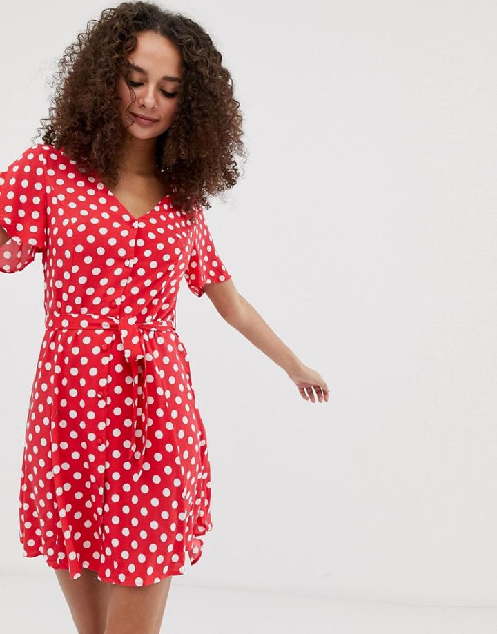Brave Soul Minnie Button Through Tea Dress In Spot - Red