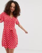 Brave Soul Minnie Button Through Tea Dress In Spot - Red