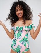 Monki Tropical Off Shoulder Swimsuit - Multi