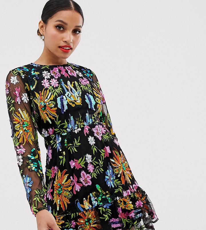 Asos Edition Petite Embroidered And Beaded Mini Dress With Peplum Hem-black