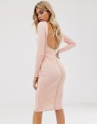 Asos Design Backless Long Sleeve Bandage Dress With Zip Detail-white