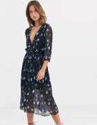 Liquorish Wrap Front Midi Dress With Pleated Skirt In Blue Floral