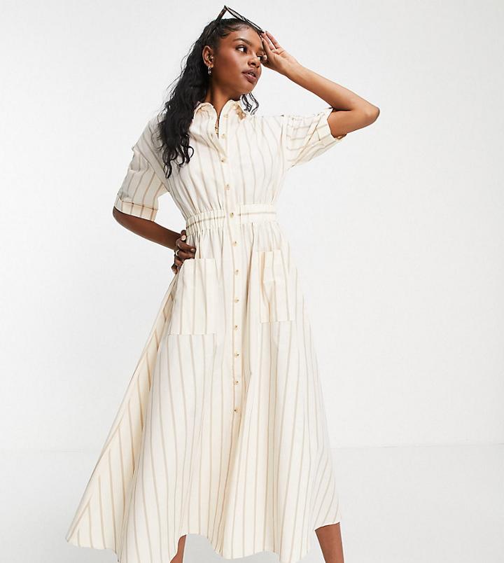 Asos Design Tall Button Through Elastic Waist Midi Shirt Dress In Stripe Print-multi