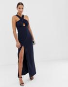 Ax Paris Cut Out Detail Thigh Split Maxi Dress - Navy