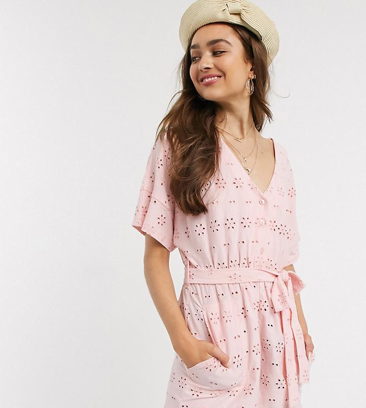 Asos Design Petite Broderie Tie Waist Button Front Romper In Light Pink