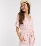 Asos Design Petite Broderie Tie Waist Button Front Romper In Light Pink