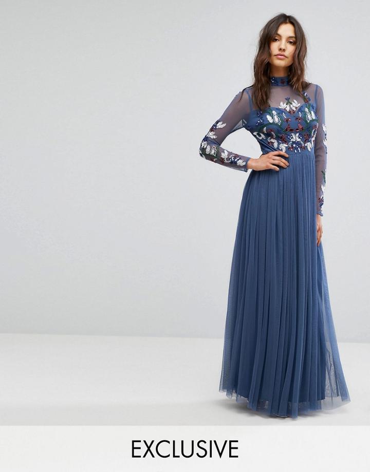 Maya Long Sleeved Maxi Dress With High Neck And Embellishment - Navy
