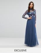 Maya Long Sleeved Maxi Dress With High Neck And Embellishment - Navy