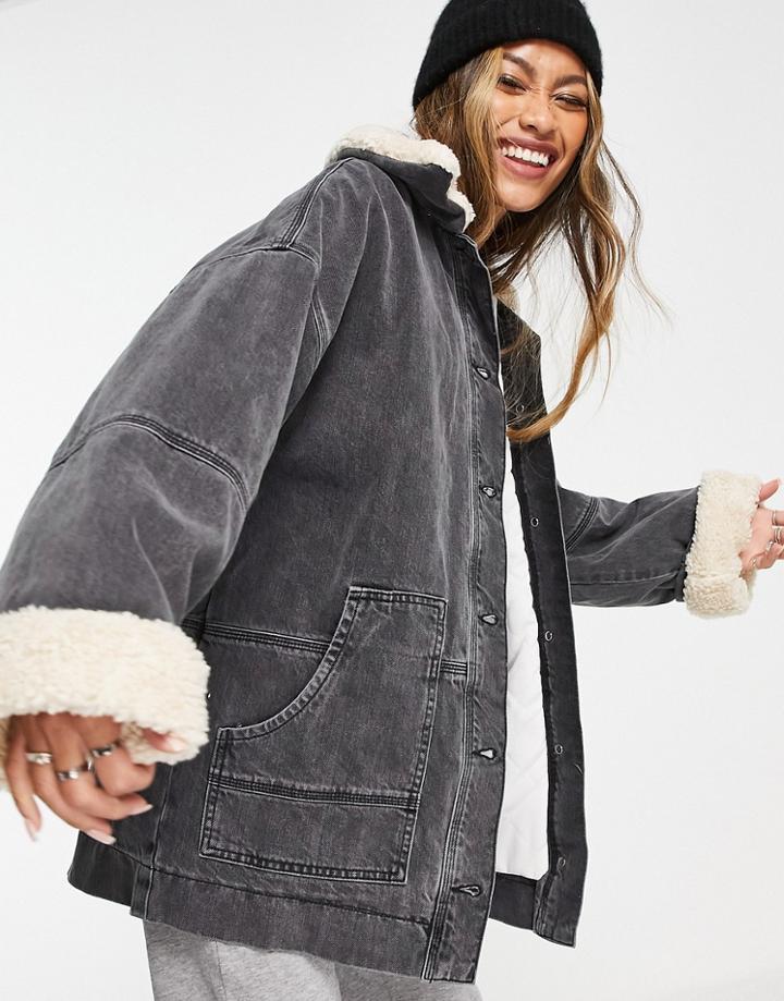 Topshop Carpenter Sherpa Coat In Washed Black