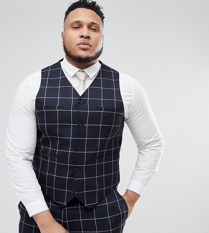 Asos Plus Wedding Skinny Suit Vest In Navy Windowpane Check - Navy