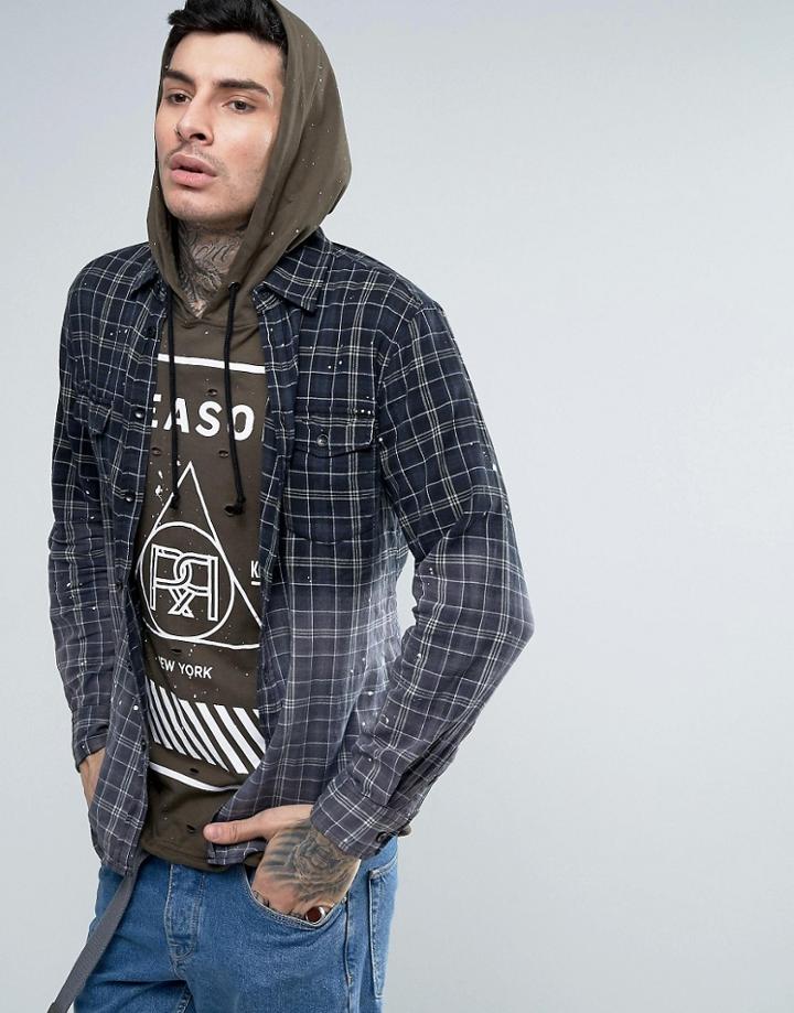 Reason Flannel Check Shirt In Dip Dye With Back Print And Raw Hem - Bl