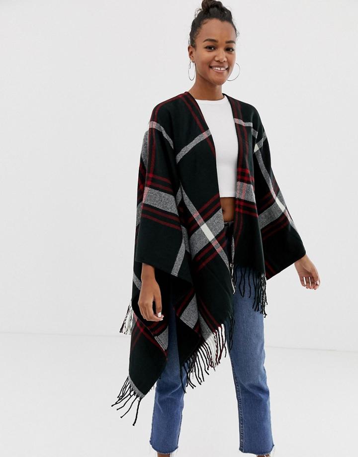 Brave Soul Check Fringed Cape - Black