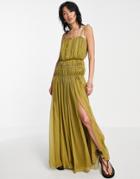 Asos Design Strappy Maxi Dress With Ruched Channel Detail And Tie Straps-multi