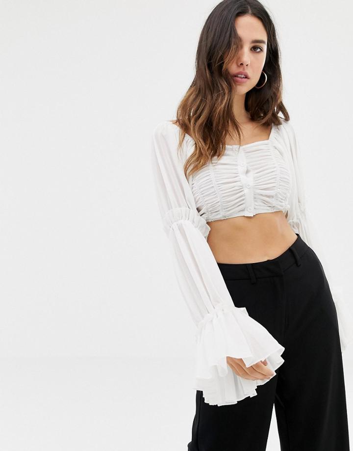 Club L Square Neck Pleated Ruffle Top In White - White