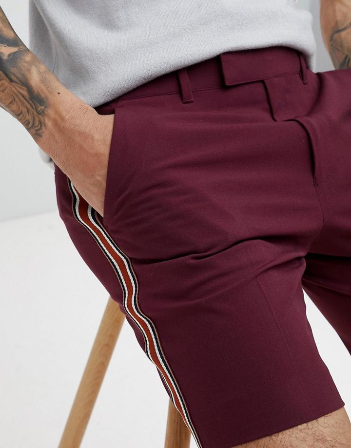 Asos Design Slim Mid Length Shorts In Burgundy With Side Stripe Tape - Red