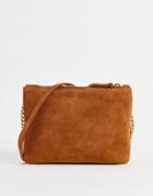 Asos Desgn Suede Multi Gusset Crossbody Bag With Chain Link Strap In Tan-brown