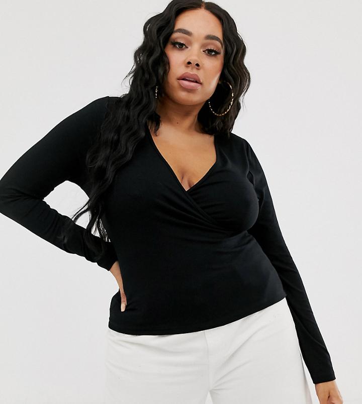Asos Design Curve Deep Wrap Top In Black