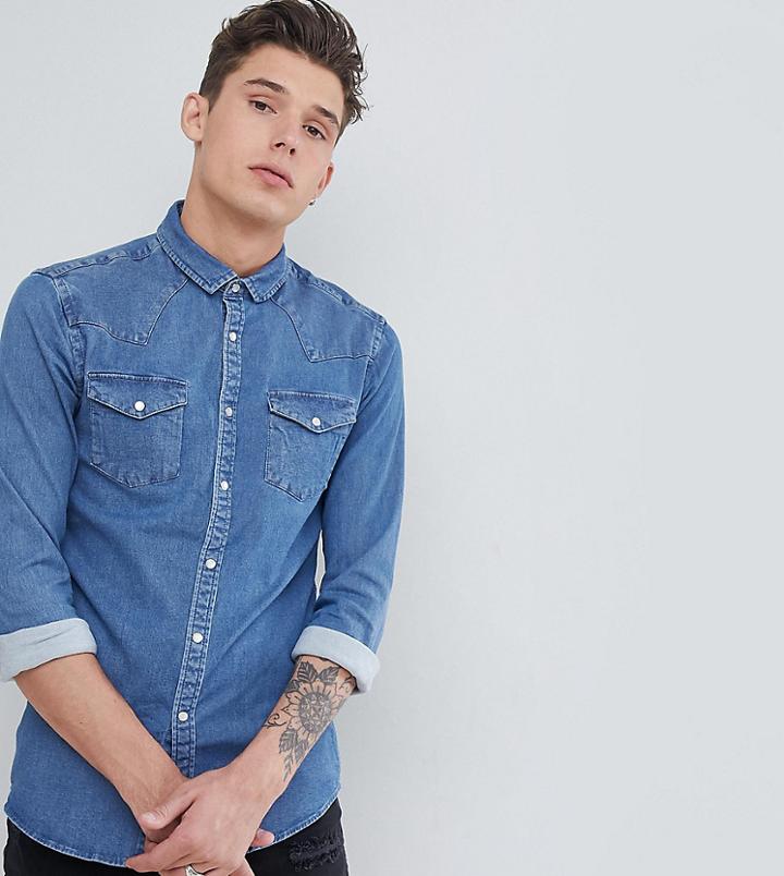 Asos Design Tall Skinny Western Denim Shirt In Mid Wash - Blue