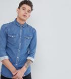 Asos Design Tall Skinny Western Denim Shirt In Mid Wash - Blue