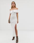 Asos Design Bardot Fit And Flare Slub Maxi Dress - White