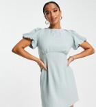 Asos Design Petite Puff Sleeve Linen Mini Shift Dress In Sage-green