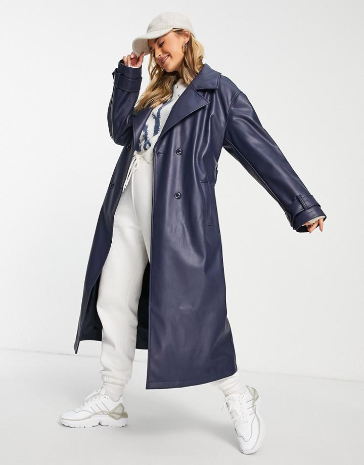 Asos Design Leather Look Oversized Trench Coat In Navy-black