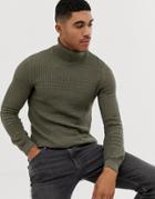 Asos Design Muscle Fit Cable Roll Neck Sweater In Khaki - Green