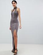 Ax Paris Maxi Dress With Lace Detail & Side Split - Gray