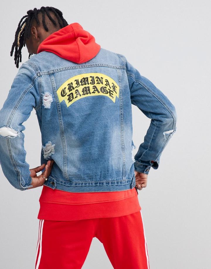 Criminal Damage Crest Ripped Denim Back Logo Jacket - Blue