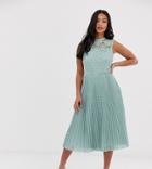 Asos Design Petite High Neck Sleeveless Pleated Lace Midi Dress - Green