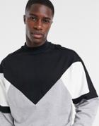 Asos Design Organic Oversized Sweatshirt With Monochrome Chevron Color Blocking-black