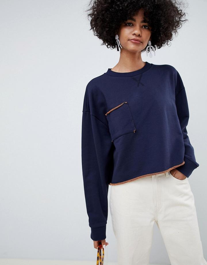 Asos White Raw Edge Cropped Sweatshirt-navy