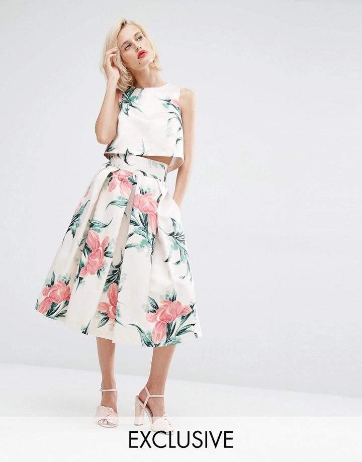 Horrockses Betty Co-ord Midi Skirt In Lily Print - Nude Lily Print