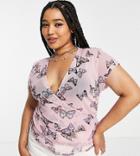 Asos Design Curve Mesh Wrap Top In Butterfly Print In Lilac-purple
