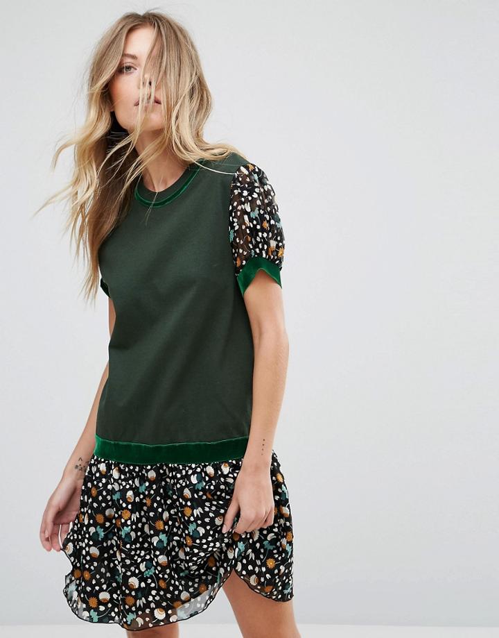 Anna Sui Drop Waist Jersey Dress In Dandelion Medley Print - Green