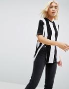 Asos T-shirt In Oversized Vertical Stripe And Cut Out Hem - Multi