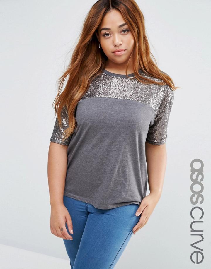 Asos Curve T-shirt With Sequin Yoke In Boxy Fit - Gray