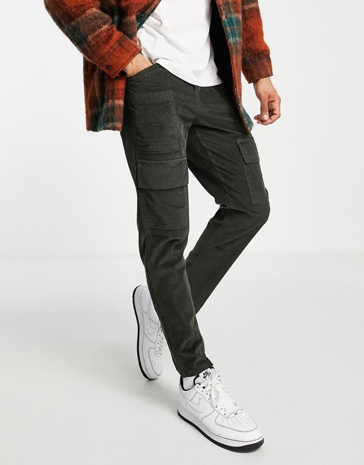 Asos Design Tapered Cargo Pants In Khaki Cord-green