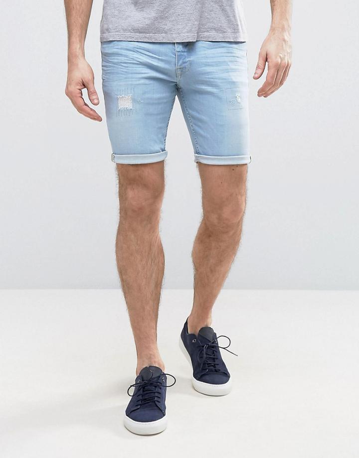 Asos Denim Shorts In Super Skinny With Rip And Repair Bleach Blue - Blue