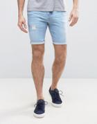 Asos Denim Shorts In Super Skinny With Rip And Repair Bleach Blue - Blue
