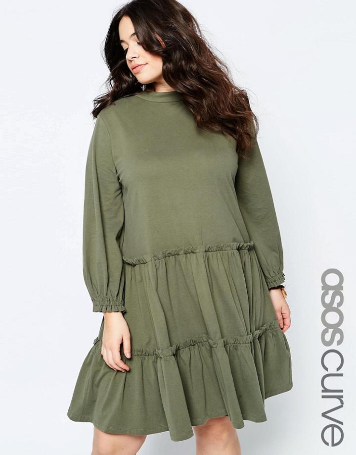 Asos Curve Long Sleeve Tiered Smock Dress - Khaki