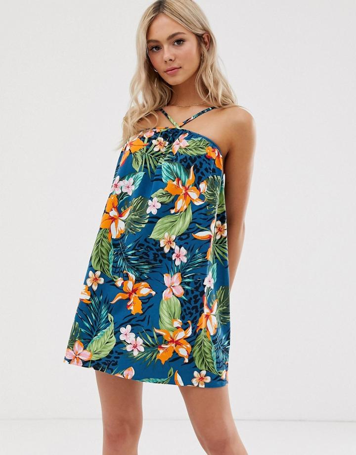 Asos Design Halter Trapeze Mini Sundress In Tropical Palm Print-multi