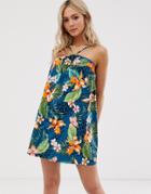 Asos Design Halter Trapeze Mini Sundress In Tropical Palm Print-multi