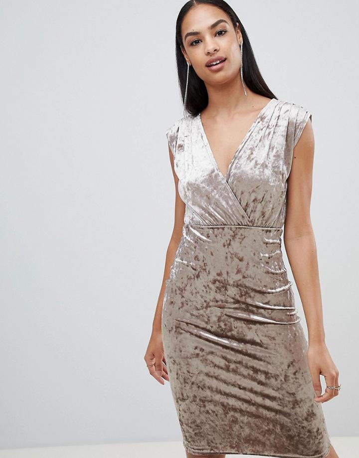 Rare London Velvet Wrap Midi Dress-beige