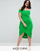 Asos Curve Crepe Wrap Front Bardot Midi Dress - Green