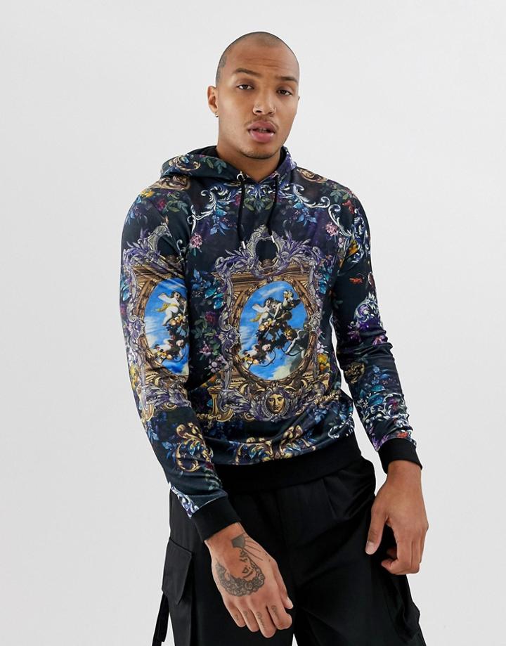 Asos Design Hoodie In Velour With Baroque Print-multi