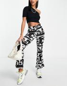 Bershka Mono Graphic Print Straight Leg Pant In Black And White-multi